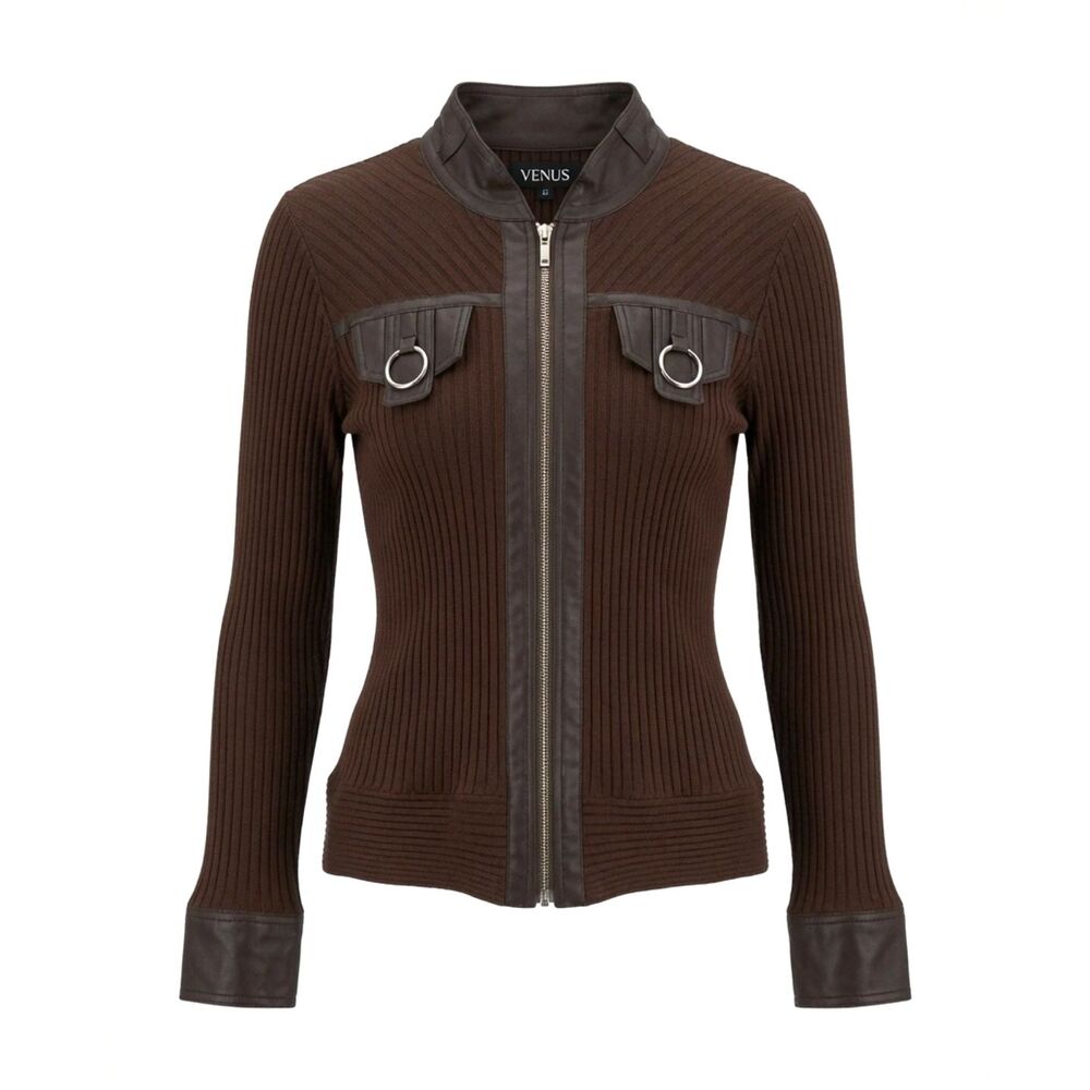 Y2K Steampunk Moto Utility Military Leather Trim Zip Brown Jacket Venus Size XL